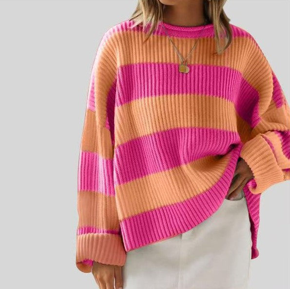 Wide Stripe Oversized Crew Neck Sweater - RoseRed