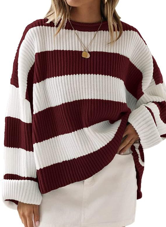 Wide Stripe Oversized Crew Neck Sweater - WineRed
