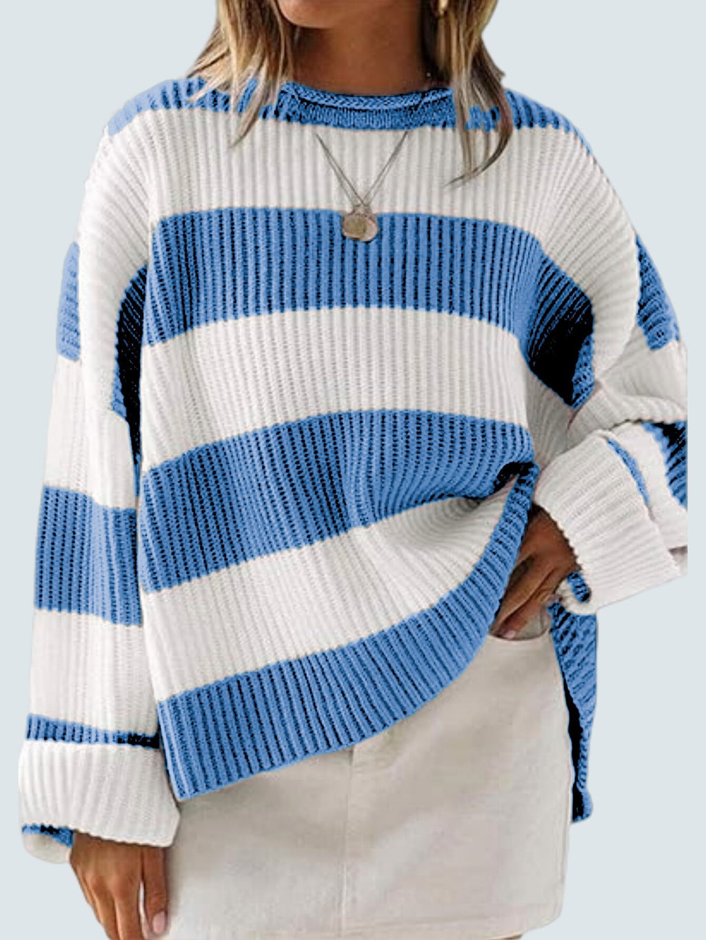 Wide Stripe Oversized Crew Neck Sweater - blue