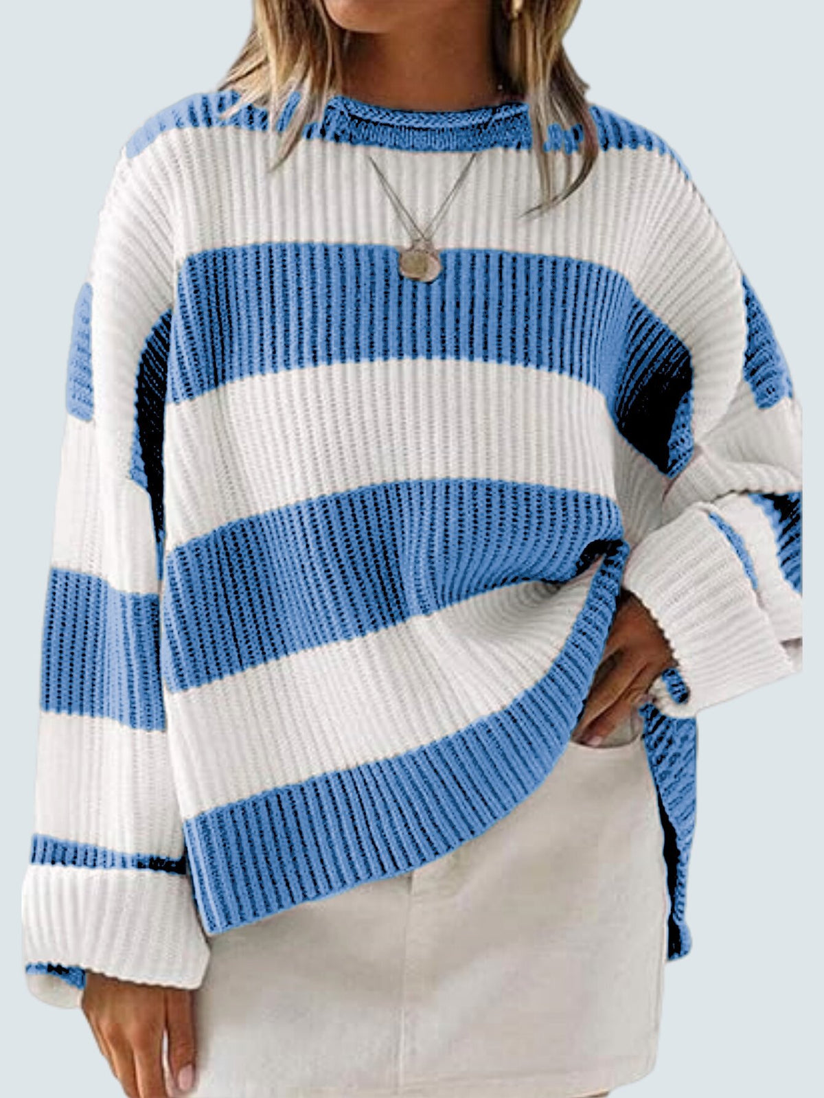 Wide Stripe Oversized Crew Neck Sweater - blue