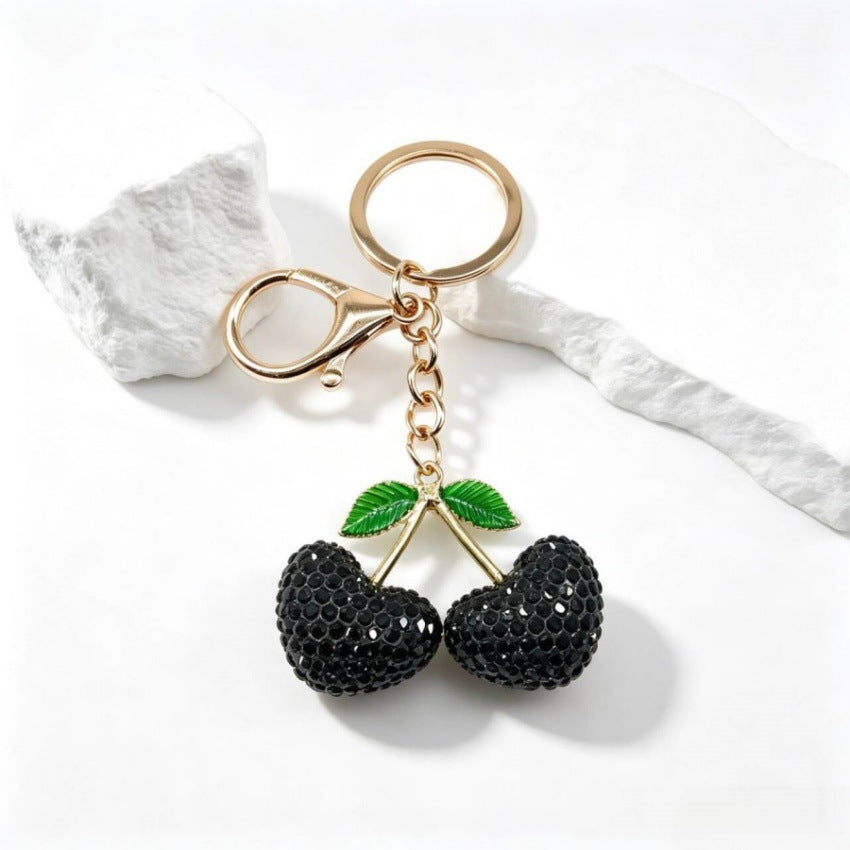 Cherry Keychain Bag Charm with Rhinestone Hearts - Black