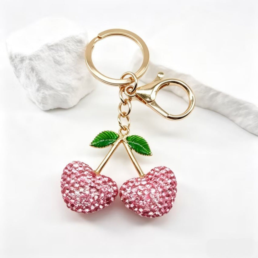 Cherry Keychain Bag Charm with Rhinestone Hearts - Pink