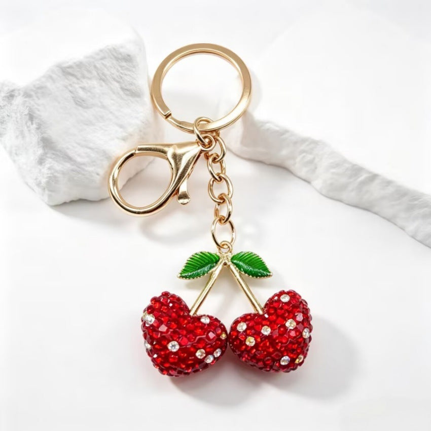 Cherry Keychain Bag Charm with Rhinestone Hearts - Red-1
