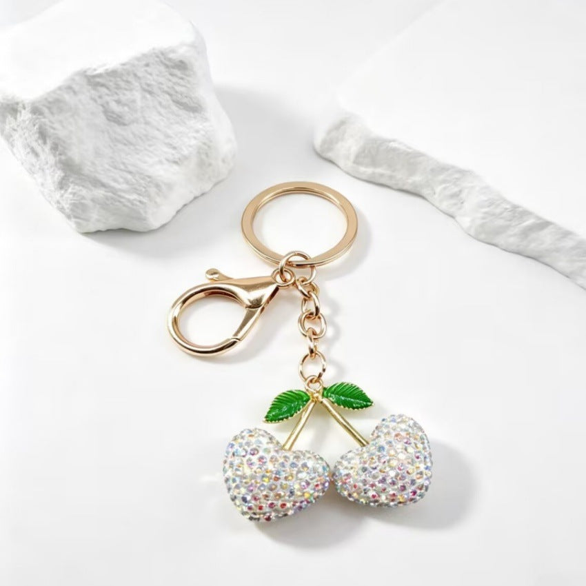 Cherry Keychain Bag Charm with Rhinestone Hearts - White
