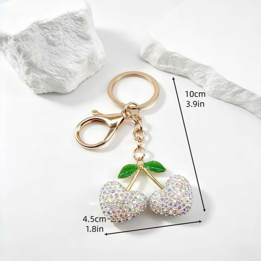 Cherry Keychain Bag Charm with Rhinestone Hearts - White - 1