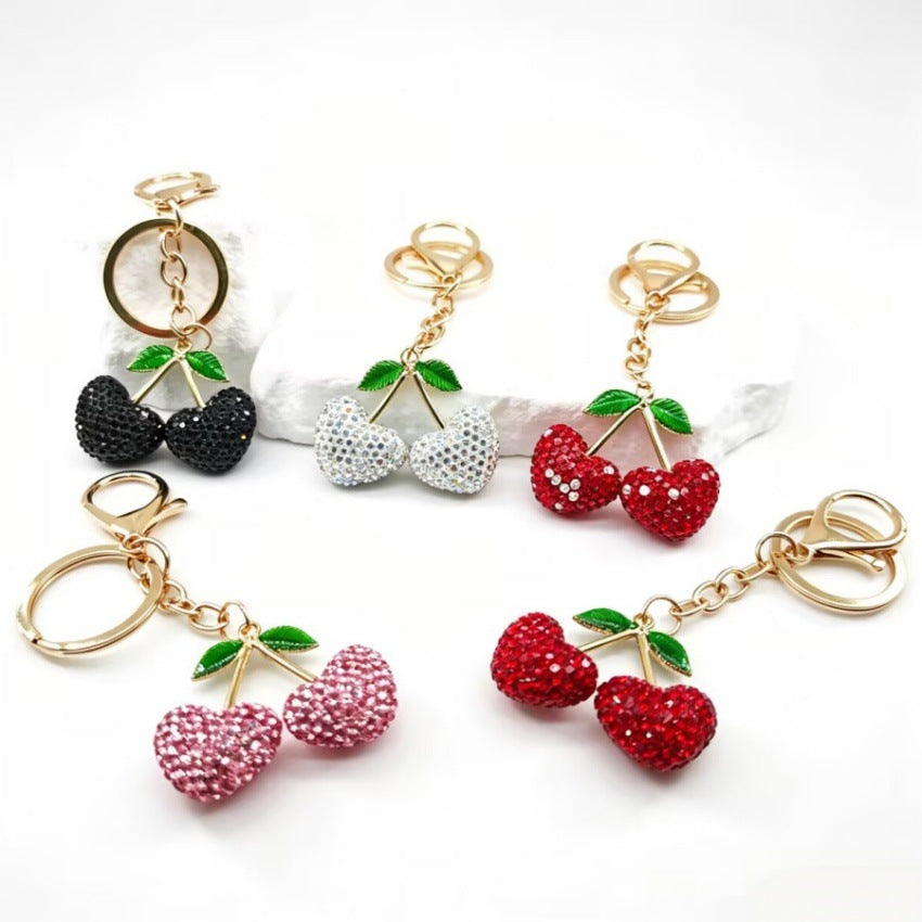 Cherry Keychain Bag Charm with Rhinestone Hearts - White - 2