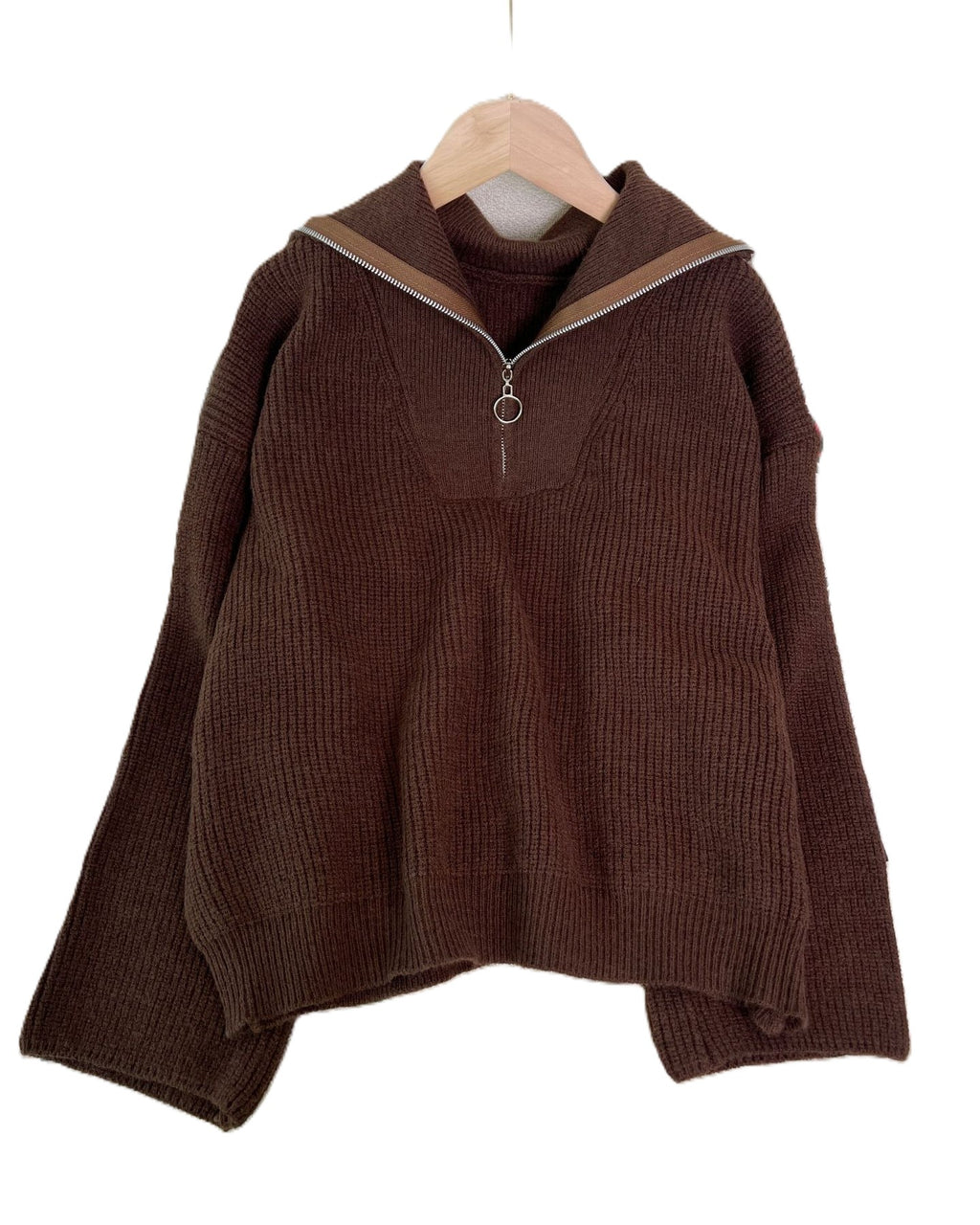 Ribbed Half Zip Funnel Neck Knit Sweater - Brown
