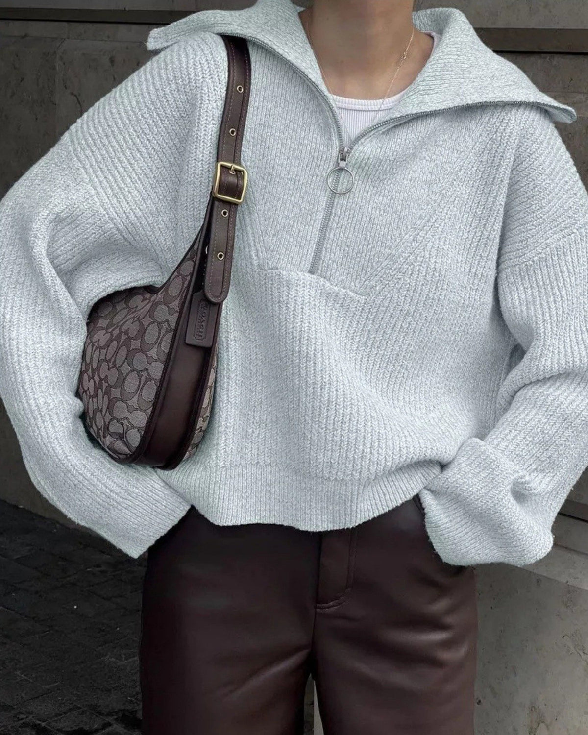 Ribbed Half Zip Funnel Neck Knit Sweater - Light-Gray - 1