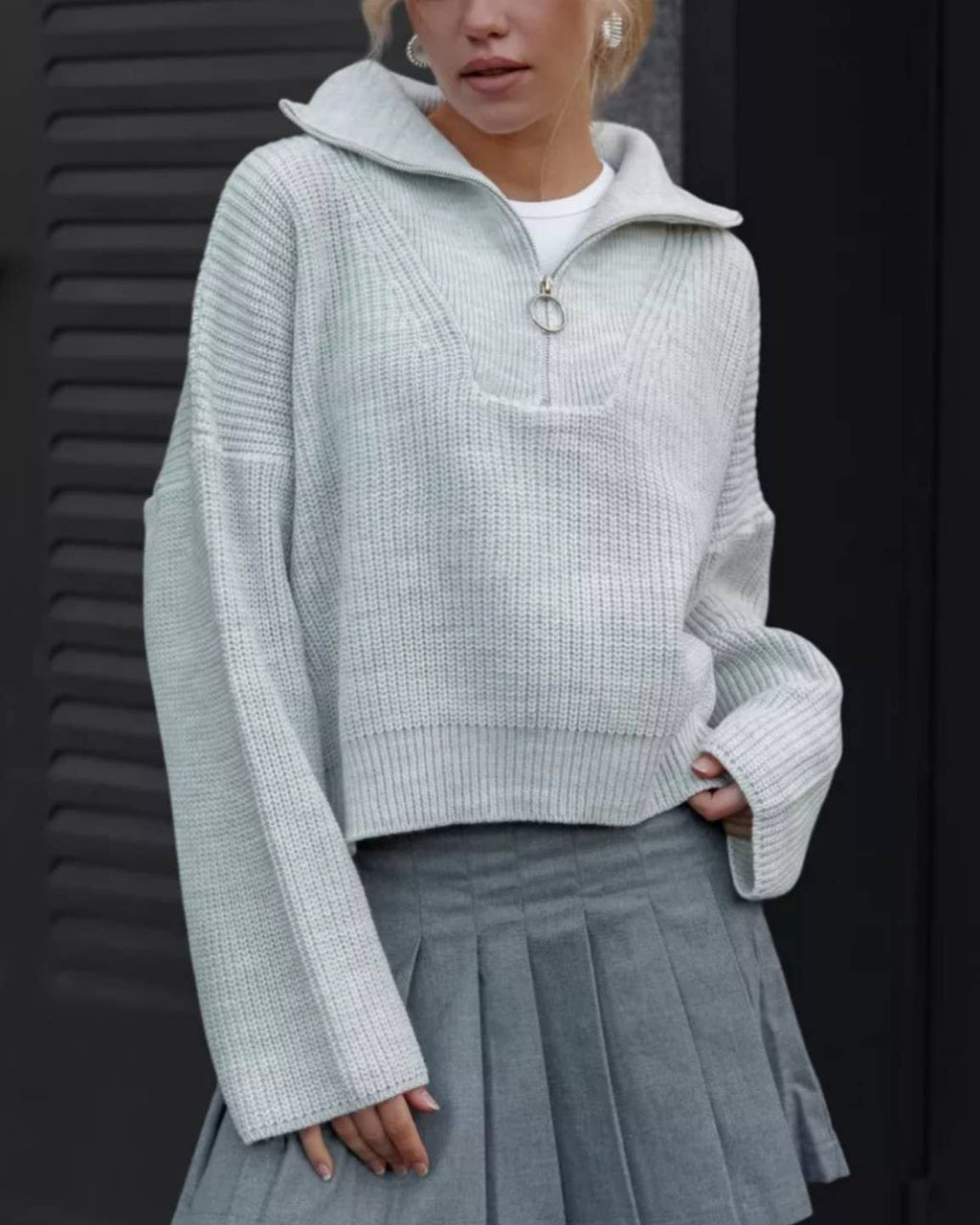 Ribbed Half Zip Funnel Neck Knit Sweater