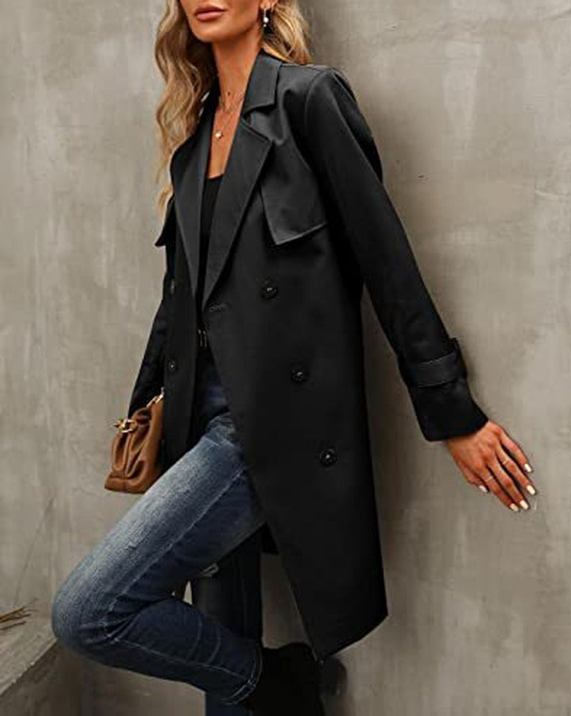 Belted Double Breasted Knee Length Trench Coat - Black