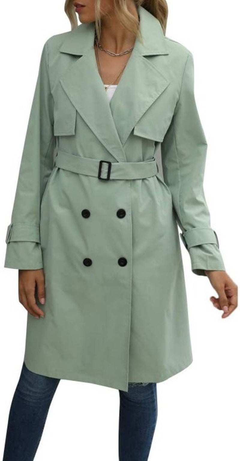 Belted Double Breasted Knee Length Trench Coat - Sage Green