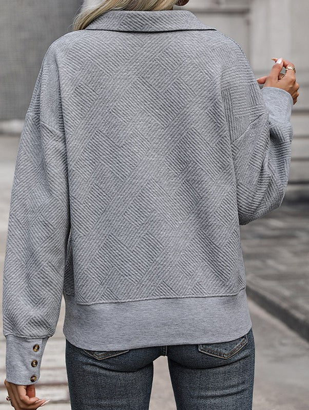 Textured Collared Drop Shoulder Pullover Sweatshirt - Grey - 1