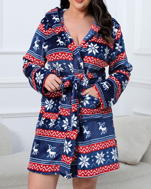 Hooded Fleece Robe With Fair Isle Print - Blue