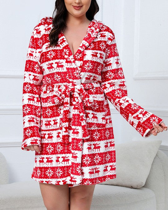 Hooded Fleece Robe With Fair Isle Print - Red