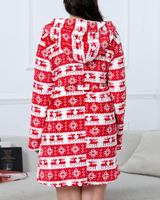Hooded Fleece Robe With Fair Isle Print - Red - 2