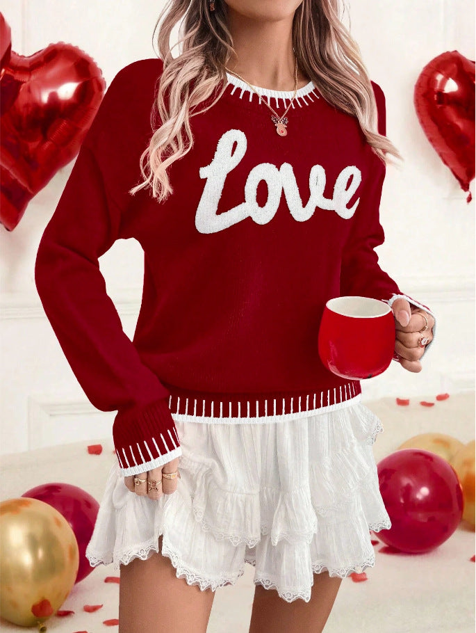 Love Script Chenille Knit Pullover - WineRed