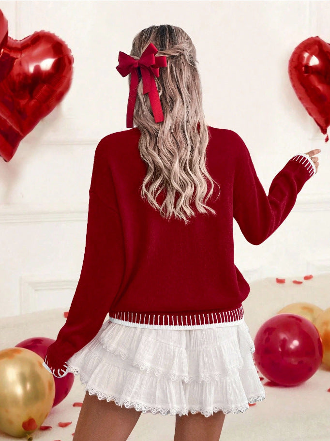 Love Script Chenille Knit Pullover - WineRed - 2