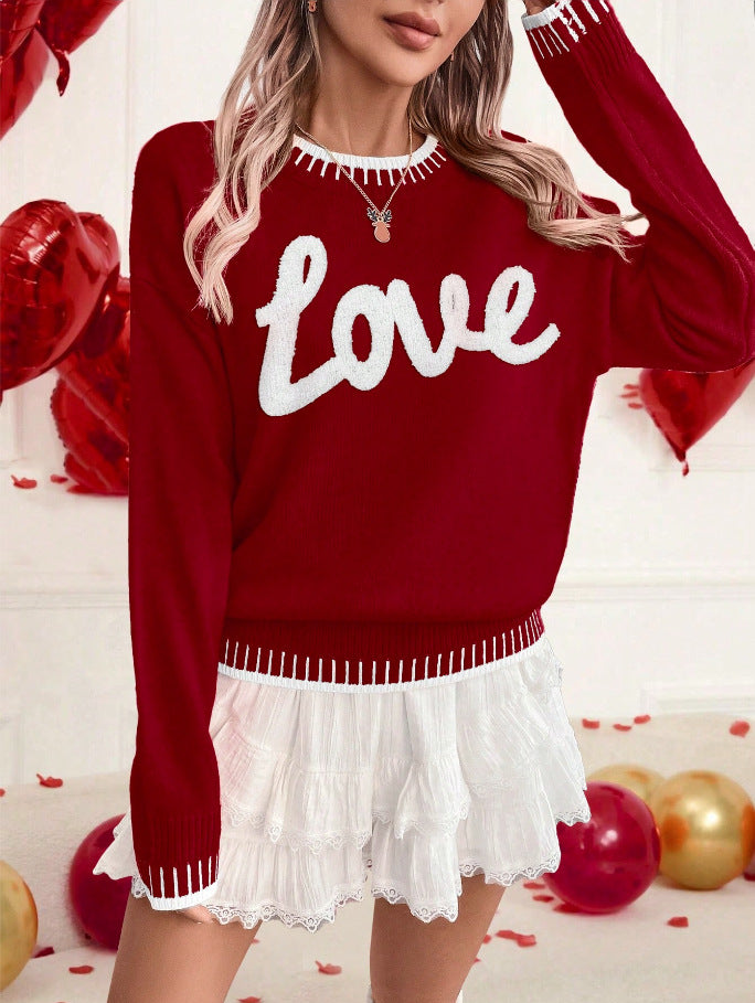 Love Script Chenille Knit Pullover - WineRed - 3