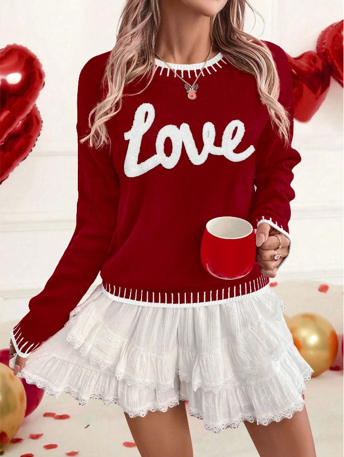 Love Script Chenille Knit Pullover - WineRed - 4
