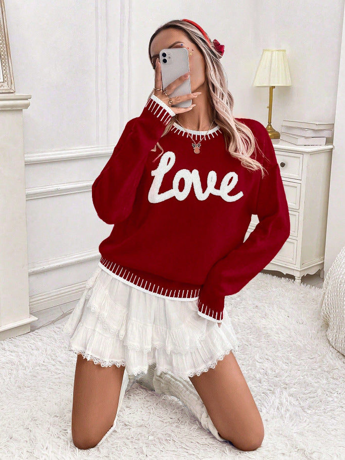 Love Script Chenille Knit Pullover - WineRed - 5