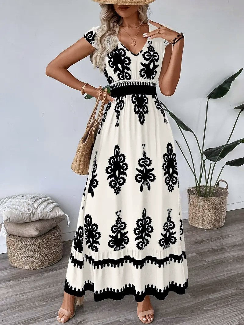 Boho Scroll Print Flutter Sleeve Maxi Dress - Apricot
