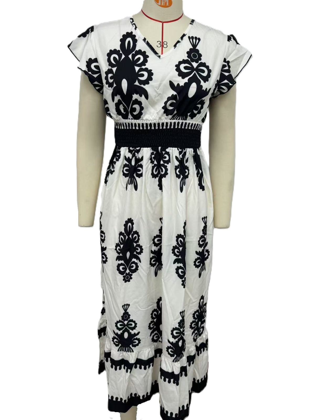 Boho Scroll Print Flutter Sleeve Maxi Dress - Apricot - 1