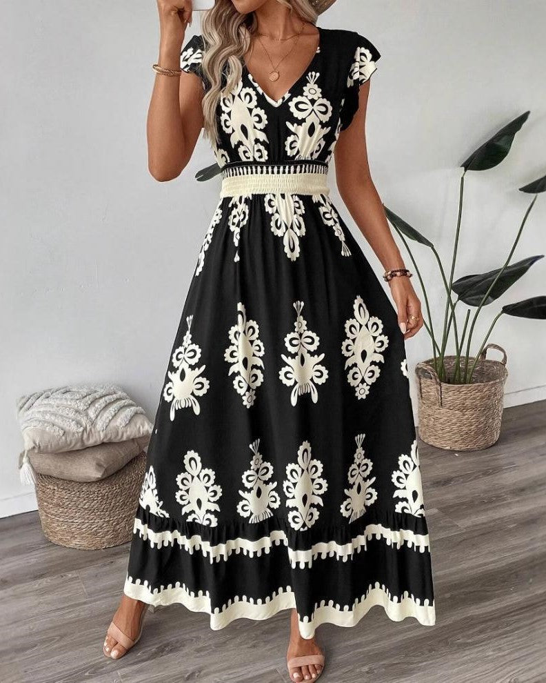 Boho Scroll Print Flutter Sleeve Maxi Dress - Black - 1