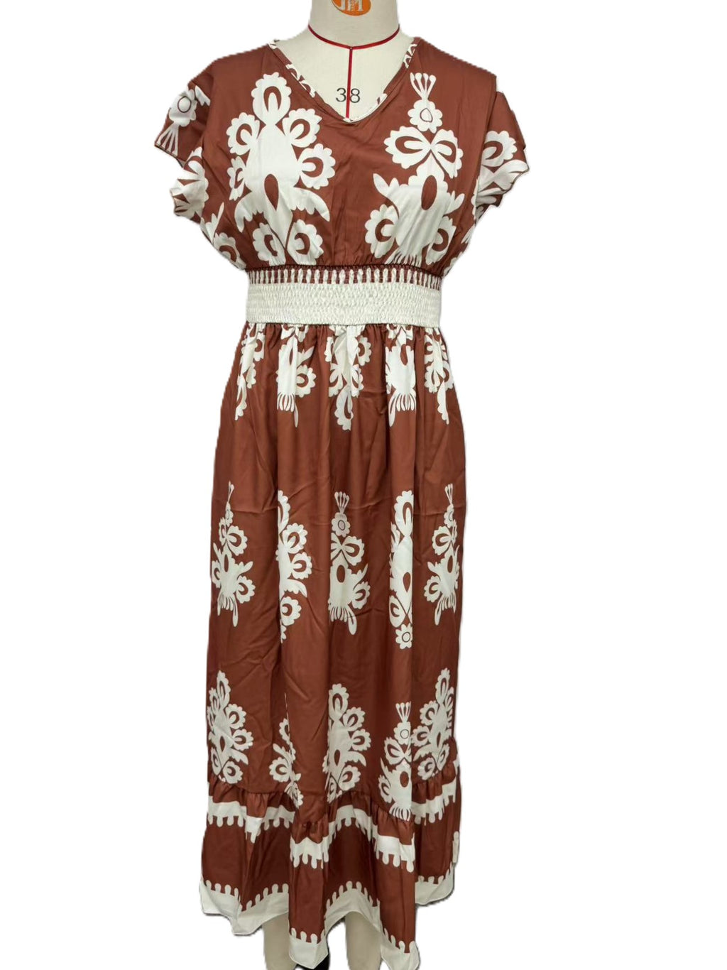 Boho Scroll Print Flutter Sleeve Maxi Dress - Brown