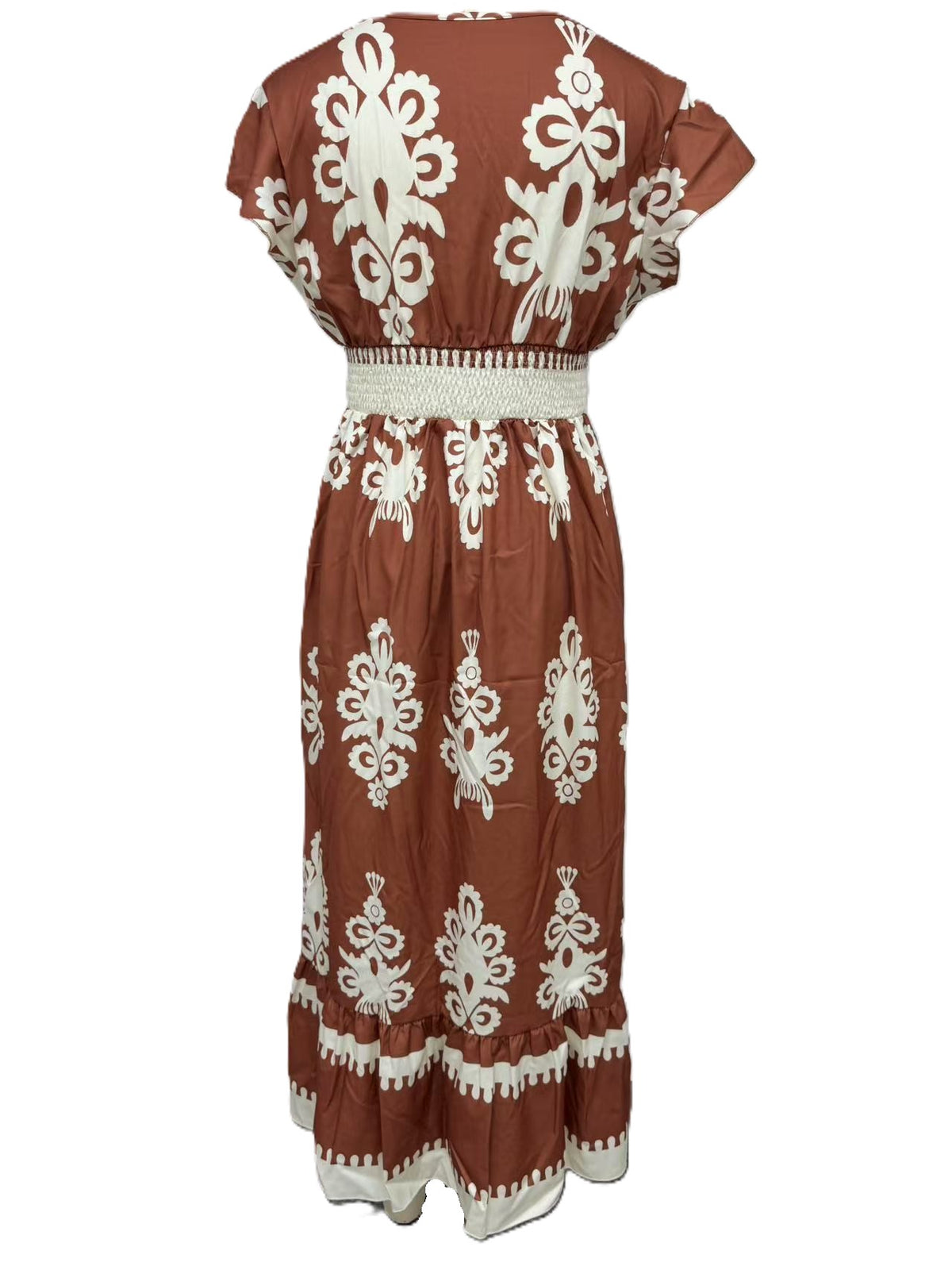 Boho Scroll Print Flutter Sleeve Maxi Dress - Brown - 1