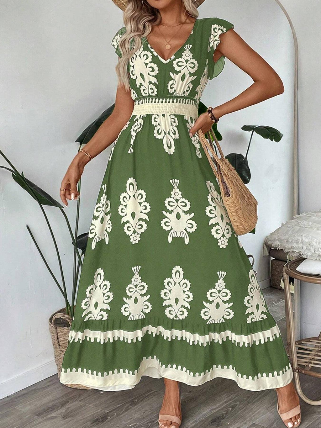 Boho Scroll Print Flutter Sleeve Maxi Dress - Green