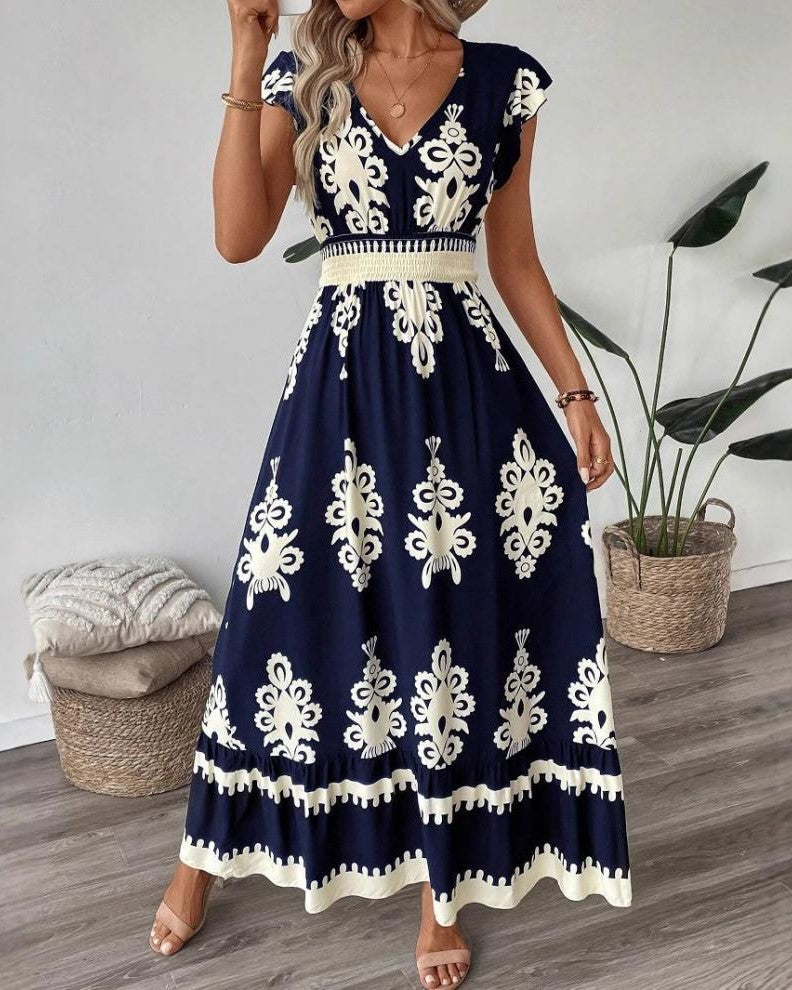 Boho Scroll Print Flutter Sleeve Maxi Dress - Navy