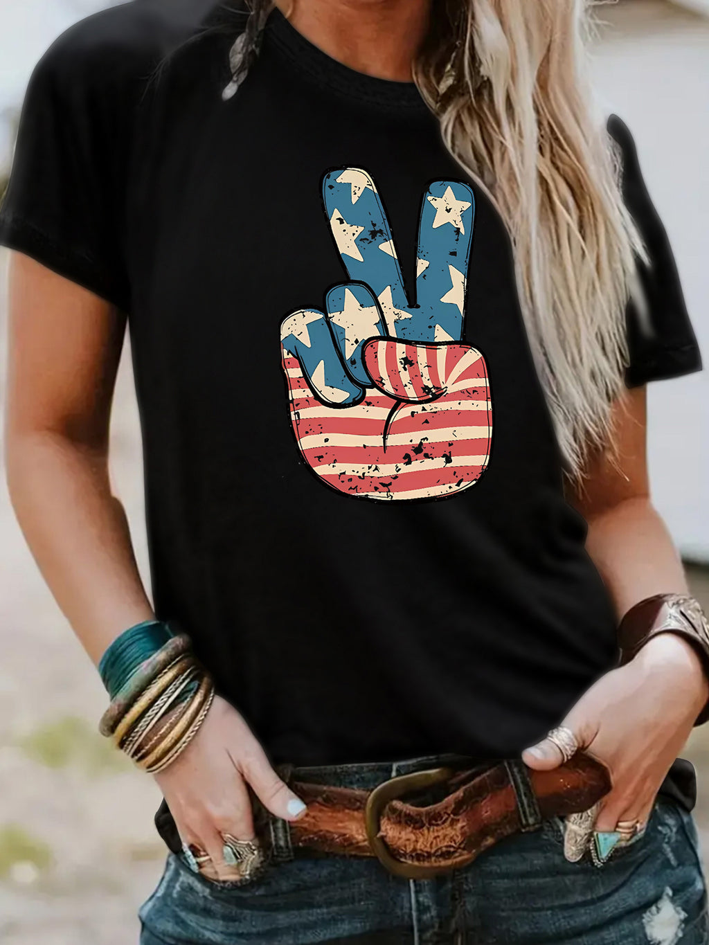 Americana Peace Sign Graphic Tee - Black