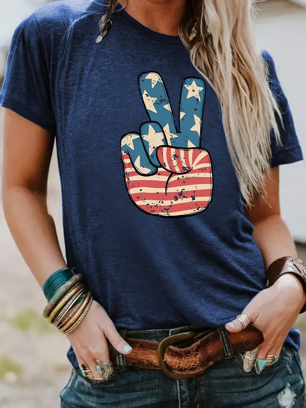 Americana Peace Sign Graphic Tee - DarkBlue