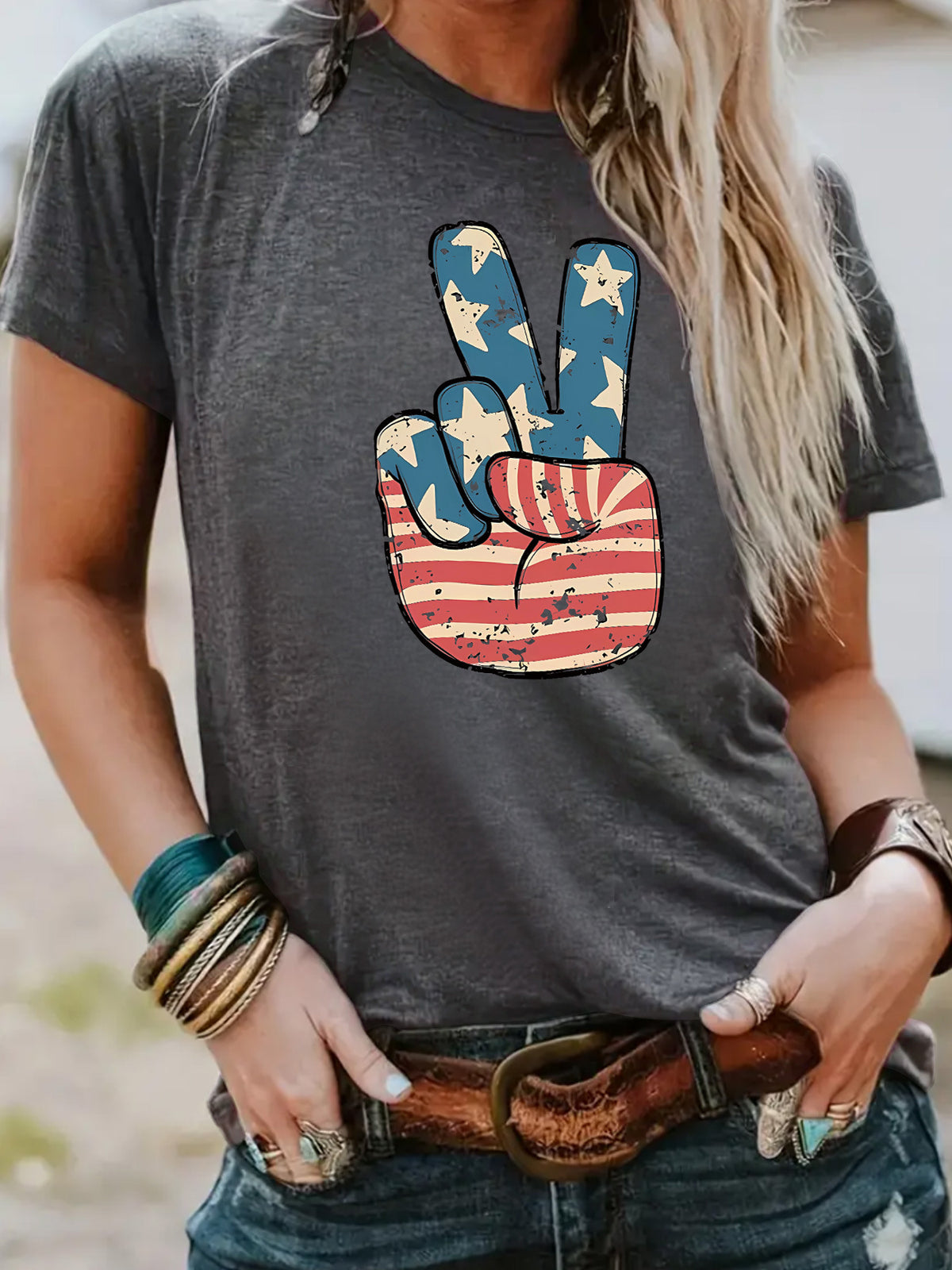 Americana Peace Sign Graphic Tee - DarkGrey