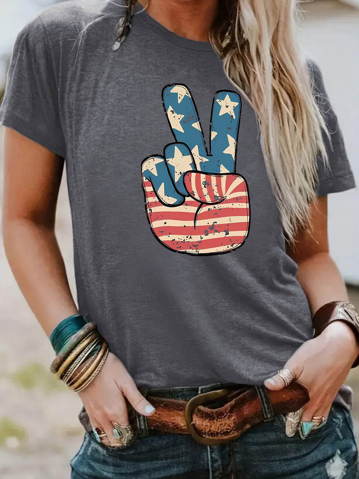 Americana Peace Sign Graphic Tee - Grey