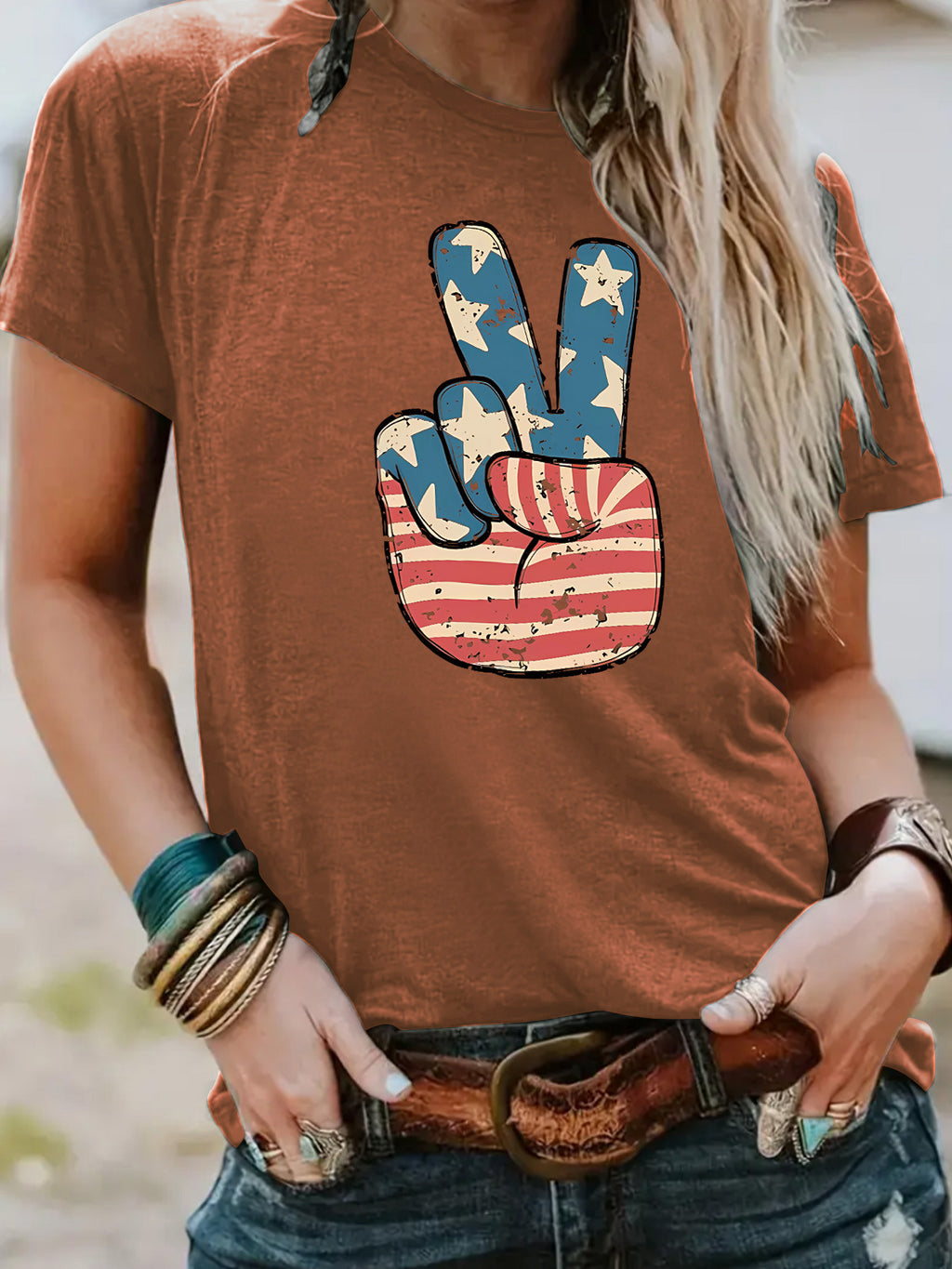 Americana Peace Sign Graphic Tee - Rust