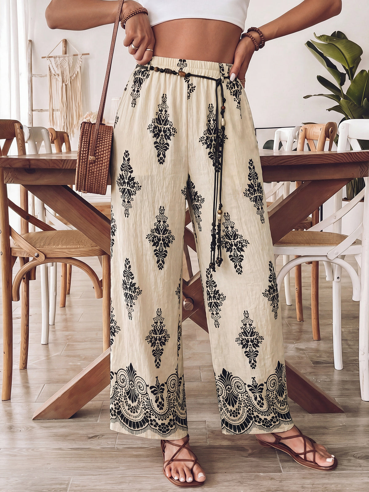 Boho Print Wide Leg Pants with Rope Belt - Apricot - 1