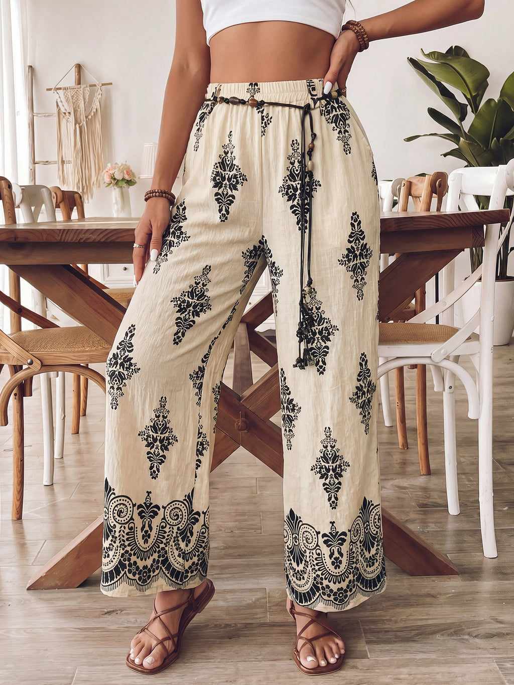 Boho Print Wide Leg Pants with Rope Belt - Apricot - 3