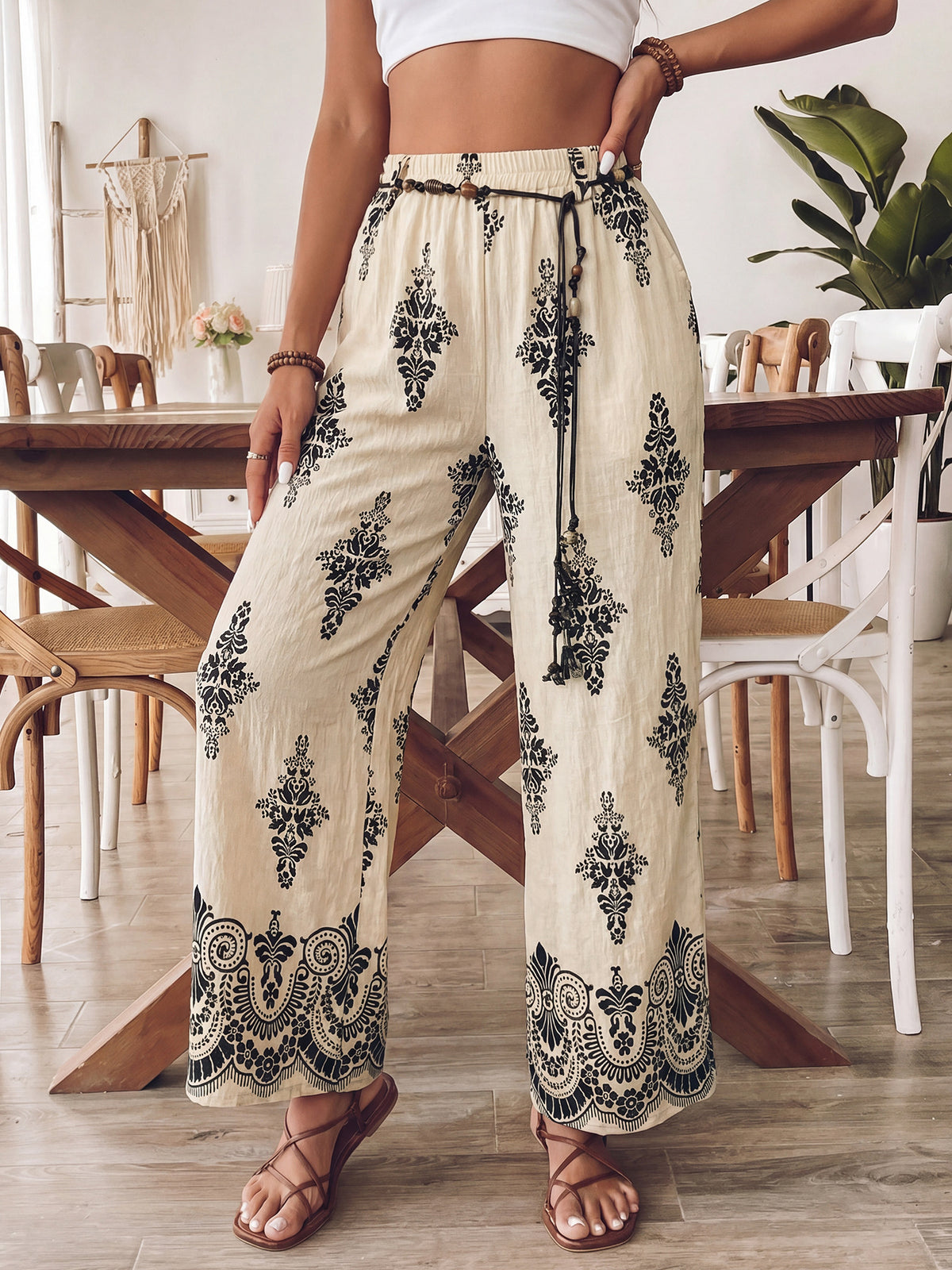 Boho Print Wide Leg Pants with Rope Belt - Apricot - 3