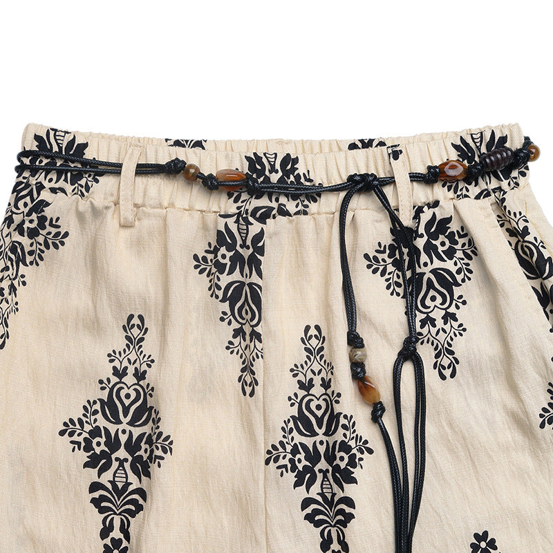 Boho Print Wide Leg Pants with Rope Belt - Apricot - 5