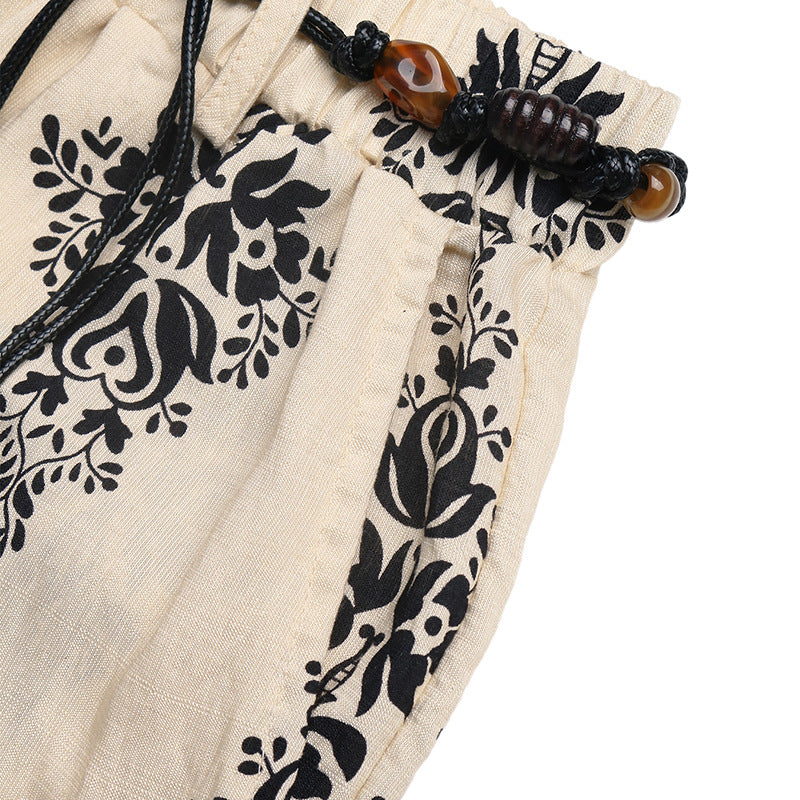 Boho Print Wide Leg Pants with Rope Belt - Apricot - 6