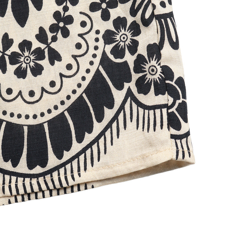 Boho Print Wide Leg Pants with Rope Belt - Apricot - 7