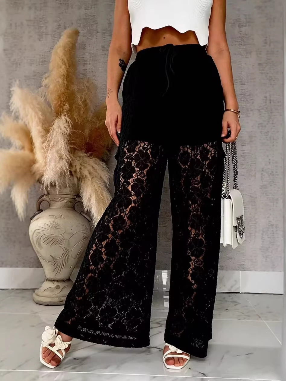 Sheer Floral Lace Wide Leg Pants - Black