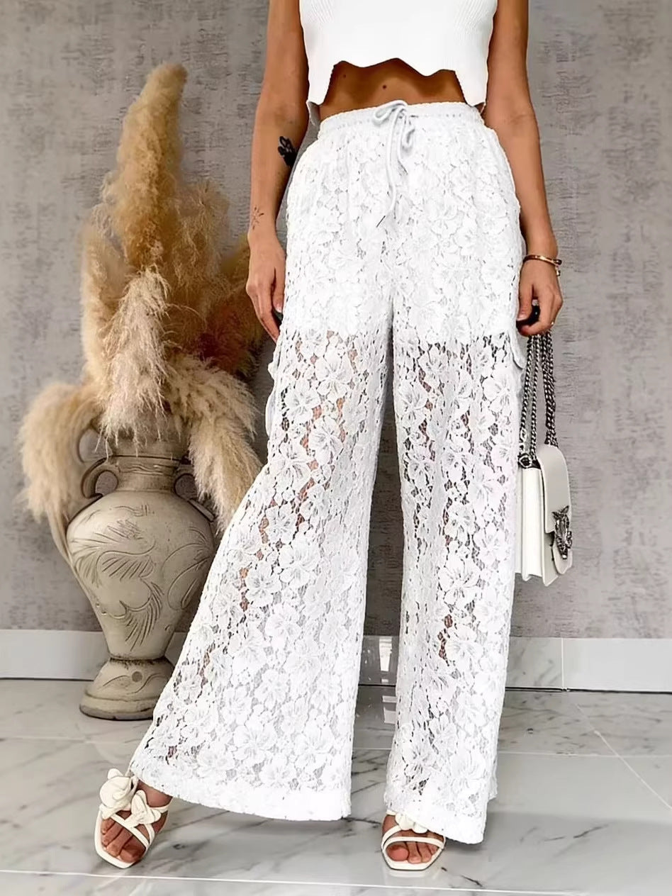 Sheer Floral Lace Wide Leg Pants - White