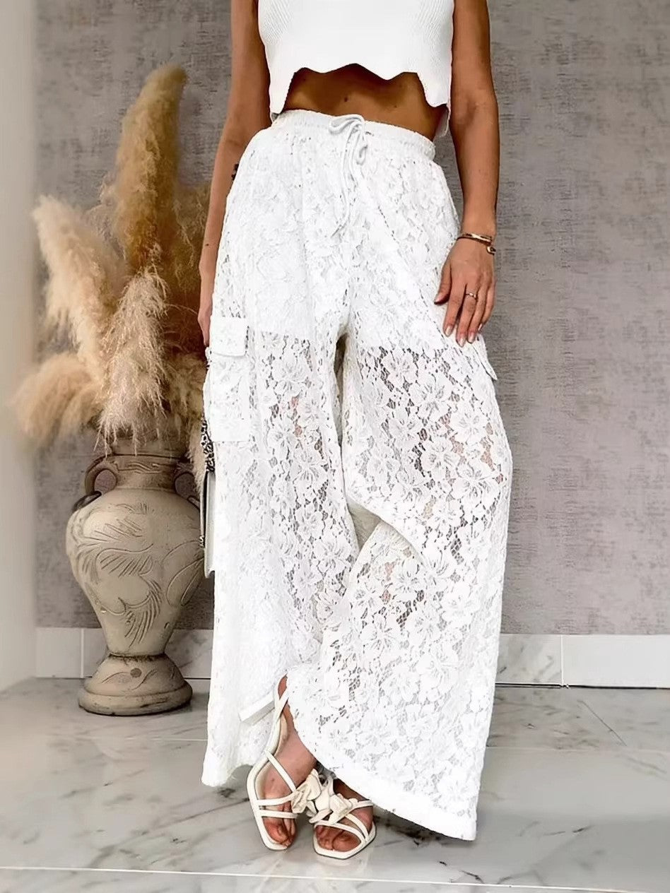 Sheer Floral Lace Wide Leg Pants - White - 1