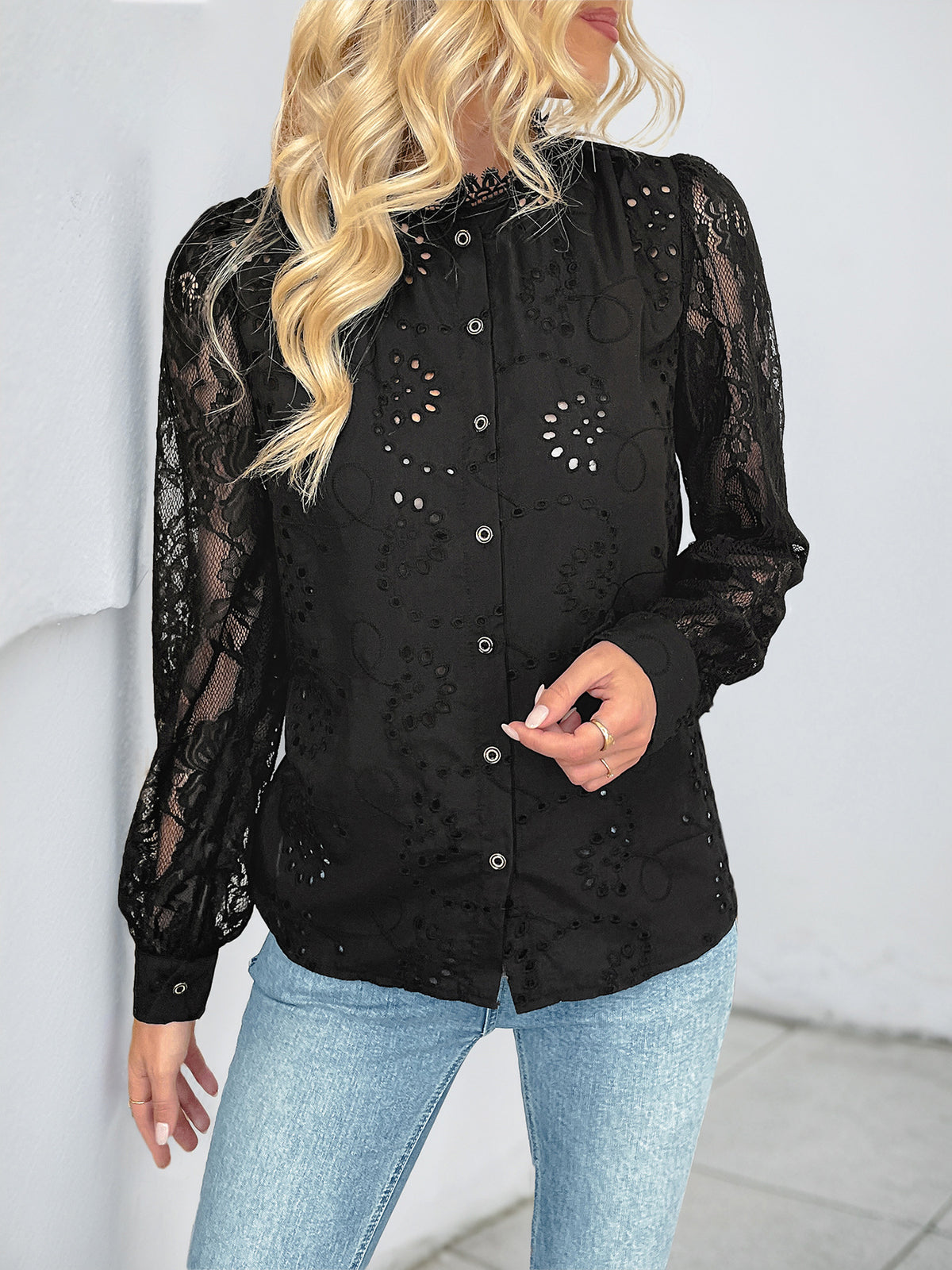 Eyelet Lace Sleeve Button Down Shirt - Black - 1