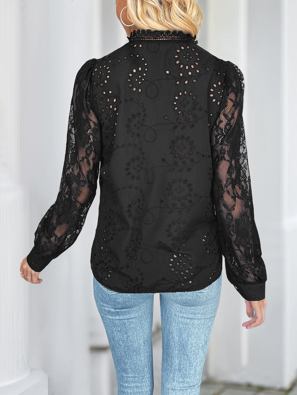 Eyelet Lace Sleeve Button Down Shirt - Black - 2