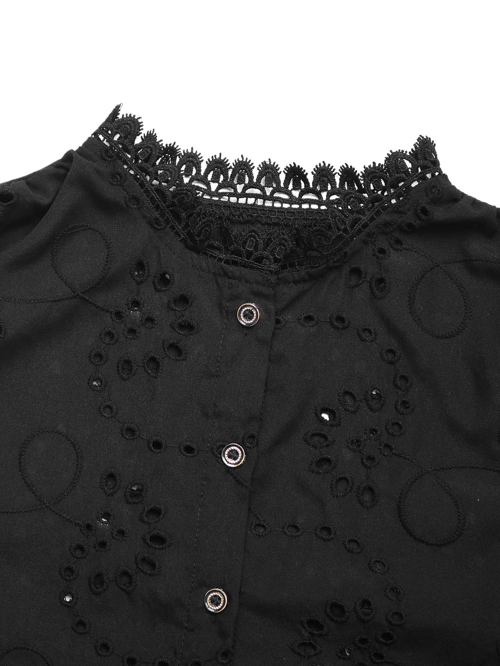 Eyelet Lace Sleeve Button Down Shirt - Black - 3