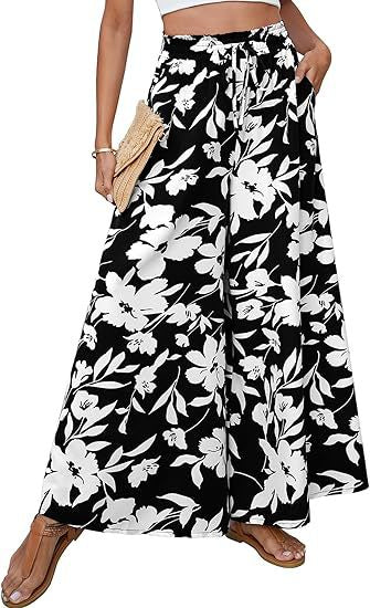 Floral High Waist Wide Leg Palazzo Pants - Black
