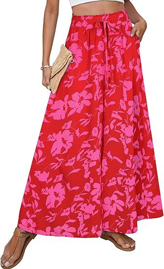 Floral High Waist Wide Leg Palazzo Pants - Red